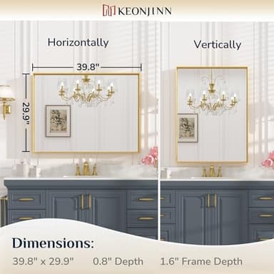 Keonjinn Gold Bathroom Mirror 40 x 30 Inch, Brushed Gold Mirror for Over Sink, Aluminum Alloy Framed, Square Corner, Modern Farmhouse, Large Rectangular Vanity Mirror for Wall(Horizontal/Vertical) - Image 7