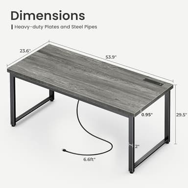 Huuger 55 x 24 inch Desk with Power Outlets & USB-C, Deeper & Thicker Desktop, Robust Metal Tubes, Computer Desk, Heavy Duty Office Desk, Work Gaming Desk for Home Office, Grey - Image 3
