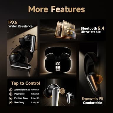 Studio-Quality Wireless Ear Buds with Deep Bass & Enhanced Audio Clarity, Bluetooth 5.4, 10-Year Lifespan Earbuds, ENC Noise Cancelling Calls, Secure Fit Memory Foam Tips, IPX6 Waterproof (Black) - Image 6