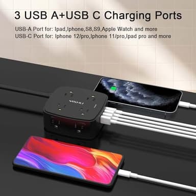 6 Ft Surge Protector Power Strip - 8 Widely Outlets with 4 USB Ports, 3 Side Outlet Extender with 6 Feet Extension Cord, Flat Plug, Wall Mount, Desk USB Charging Station, ETL,Black - Image 3