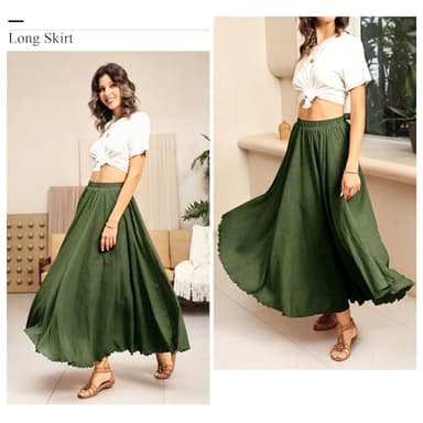 Ezcosplay Women Boho Maxi A Line Skirt Elastic Waist Summer Bohemian Flowy Long Beach Swing Skirts Army Green - Image 2
