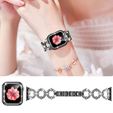 Mesime Compatible with Apple Watch Band 38mm 40mm 41mm 42mm 44mm 45mm , Women Girl Bling Diamond Jewelry Metal Strap Bands with Crystal Tempered Glass Screen Protector Case, Round Shiny Bracelet - Image 2