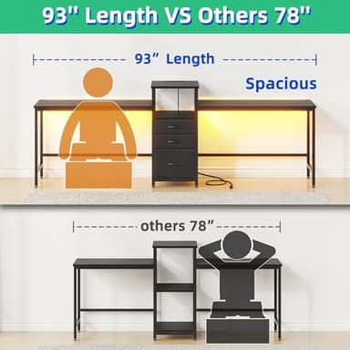 GYIIYUO 93'' Two Person Desk with Charging Station, Long Desk with 3 Drawers and Printer Shelf, Double Computer Desk, Fabric Drawers, 2 Person Writing Study Table Workstation for Home Office, Black - Image 3