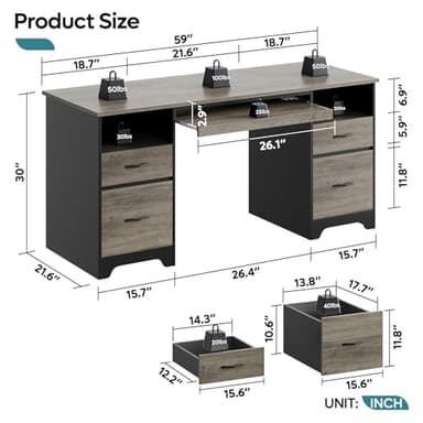 Bestier 59” Computer Desk with 4 Drawers, Office Desk with Storage, Industrial Executive Desk with File Drawer, Keyboard Tray & 2 Pedestals on Both Sides for Home Office & Studio, Grey - Image 3