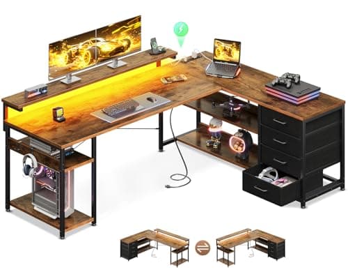 AODK 61" L Shaped Desk with Drawer, Computer Desk with Power Outlets & LED Lights, Reversible Corner Gaming Desks for Home Office Workstation, Office Table with Monitor Shelf, Vintage - Image 1