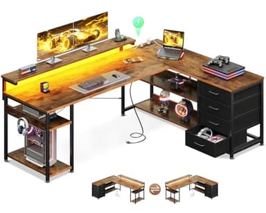 AODK 61" L Shaped Desk with Drawer, Computer Desk with Power Outlets & LED Lights, Reversible Corner Gaming Desks for Home Office Workstation, Office Table with Monitor Shelf, Vintage - Image 1