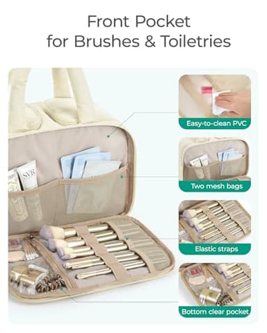 BAGSMART Travel Toiletry Bag, Puffy Large Toiletry Bag for Women, Lightweight Cosmetic Makeup Bag Organizer with Handle for Traveling, Accessories, Essentials, Toiletries （Beige - Image 4