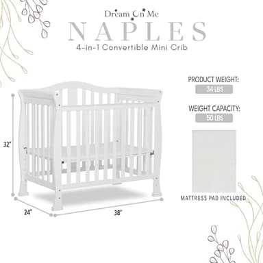 Dream On Me Addison 4-In-1 Convertible Mini Crib In White, Greenguard Gold Certified, Non-Toxic Finishes, Built Of New Zealand Pinewood, Comes With 1” Mattress Pad - Image 3