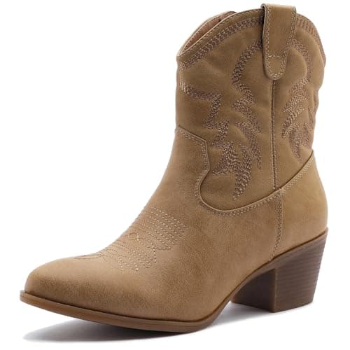 GLOBALWIN Women's Khaki Mid Calf The Western Cowboy Boots Fashion Cowgirl Boots For Women Low Heel Size 6M - Image 1