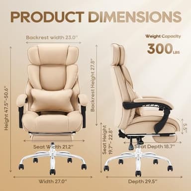 COLAMY Office Chair with Retractable Footrest, Ergonomic High Back Design Executive Computer Desk Chair with Removable Lumbar Pillow, 90-135°Reclining, Thick Bonded Leather for Home Office Work, Khaki - Image 3