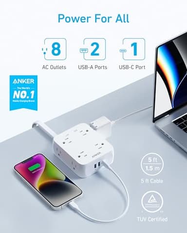 Anker Surge Protector Flat Plug Power Strip 2000J, 5ft Thin Extension Cord, 8 Outlets,2 USB A and 1 USB C Port,20W for iPhone15,Wall Mount,Compact for Home,Office,Room,TUV Listed - Image 2