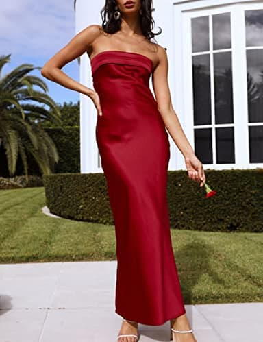 Realtix Satin Silk Backless Tube Tops Maxi Dress for Women Low Back Hollow Out Elegant Strapless Long Dresses Wedding Guest Burgundy - Image 3