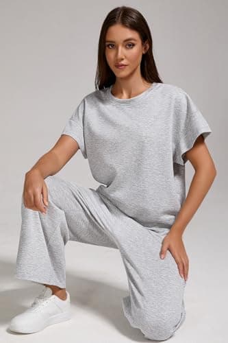 YETOWA Women’s Air Layer Fabric Two Piece Set Stylish Crop Top & Wide Leg 3/4 Pants Lounge Matching Tracksuit - Image 5