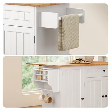 Ahomly Kitchen Island with Storage, Island Table for Kitchen with Drop Leaf, 5 Wheels, Interal Storage Rack, a Drawer, Spicy Rack and Towel Bar, Sufficient Countertop Space and Storage, White - Image 5
