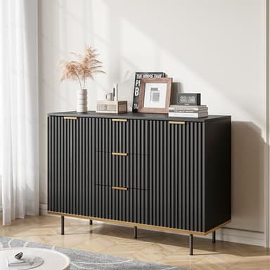 Buffets & Sideboards, Fluted Sideboard Cabinet, 2 Door 3 Drawer Design, Acceent Black Sideboard - Elegant Cabinet Ideal for Dining Room and Kitchen Storage 47.2 inch - Image 7