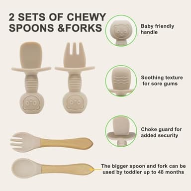 Munlinder Silicone Baby Feeding Set | Baby Led Weaning Supplies Includes Suction Bowls and Divided Plates, Adjustable Bib, Baby Utensils Spoons and Forks,Cup | Baby Feeding Essentials (Beige) - Image 6