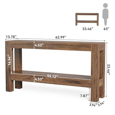 LITTLE TREE 63-Inch Narrow Long Console Table for Living Room, Farmhouse Wood Entryway Table for Hallway, Sofa, Entry, Entrance, Foyer, Behind Couch with 2-Tier Shelves, Brown - Image 3
