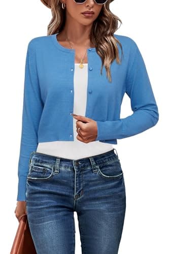 Newshows Cardigan Sweaters for Women 2025 Fashion Spring Summer Business Dressy Blue Crew Neck Button Down Open Front Knit Bolero Shrug Sweater(Blue02, Small) - Image 1