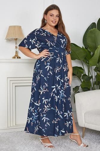 Keluummi Plus Size Wedding Guest Maxi Dresses for Curvy Women, Summer Formal Floral V Neck 3/4 Sleeve A Line Long Party Dress(22 Plus, 02 - Navy Blue Floral) - Image 2