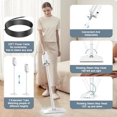 Steam Cleaner, 6 in1 Rotated Steam Mop Cleaner with 2 Modes, 2 Microfiber Pads, 400ML Removable Tank, 23FT Power Cable, Detachable Steam Mops for Floor, Laminate Floor, Tiles Cleaning (White) - Image 3