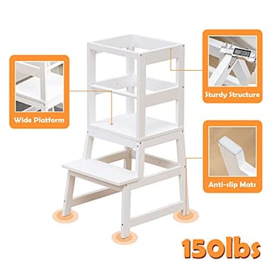 Kitchen Step Stool for Toddlers with Non-Slip Mat, WOOD CITY Wooden Kids Montessori Learning Stool Tower, Toddler Standing Tower Helper for Kitchen Counter and Bathroom Sink(White) - Image 4