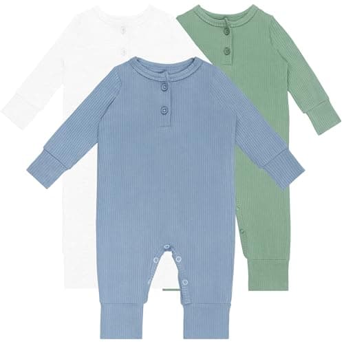 GUISBY Long Sleeve Baby Footless Pajamas with Buttons Cotton Sleepers with Zipper 3-Pack Blue-White-Green 18-24 Months - Image 1