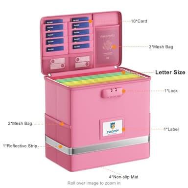 ZOOPIP Fireproof File Box with Lock, Document Box Storage Organizer, Suitable for Hanging File Folders in Letter Size, Collapsible File Box, Reflective Strip for Fast Find (12.2"*6"*10.2, Pink) - Image 3