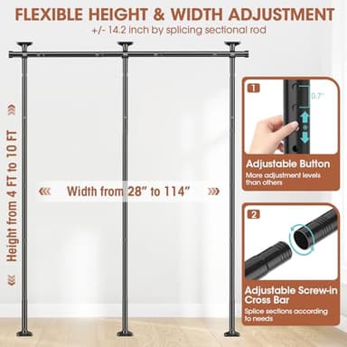 SUNALLY Room Divider No Drilling Curtain Rod Wall Divider for Room Separation, 4-10ft(H) 28-114inch(W) Adjustable, Heavy Duty Partition Space Separator Freestanding Tension Curtain Stand, Black - Image 2