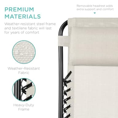 Best Choice Products Set of 2 Adjustable Steel Mesh Zero Gravity Lounge Chair Recliners w/Pillows and Cup Holder Trays - Ivory - Image 6