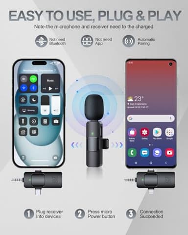 PQRQP 3 in 1 Professional Wireless Lavalier Microphone for iPhone, Android, Camera, Wireless Mini Microphones, Crystal Clear Sound Quality for Recording, Live Streaming, YouTube, TikTok, Elegant Black - Image 2