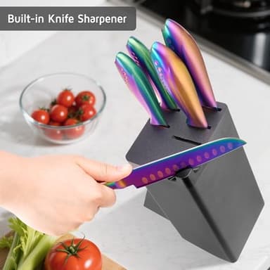 WELLSTAR Rainbow Knife Set 8 Pieces, Iridescent German Stainless Steel Kitchen Knives Set with Wooden Block, Colorful Titanium Coating, Chef’s Knife Block Set with Scissors and Built-in Sharpener - Image 6