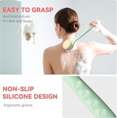 CYMPHW Back Scrubber for Shower, 15.7" Loofah with Handle, Back Shower Brush with Bristles and Loofah, Dry Brushing Body Brush for Cleanse Back and Hard to Reach Areas with Curved Long Handle - Image 5