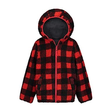 LONDON FOG Baby Boy's Midweight Fleece-to-Poly Reversible Hooded Jacket, Grey to Red Check - Image 2
