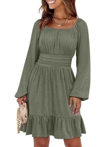 ANRABESS Womens Dress Long Lantern Sleeve Square Neck Elastic Waist Ruffle Flowy Swing A-Line Short Dresses 2025 Fall Fashion Army Green Medium - Image 1