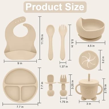 Munlinder Silicone Baby Feeding Set | Baby Led Weaning Supplies Includes Suction Bowls and Divided Plates, Adjustable Bib, Baby Utensils Spoons and Forks,Cup | Baby Feeding Essentials (Beige) - Image 7