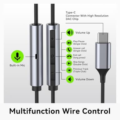 USB C Headphones for Samsung S23 FE S22 S21 S20 A53 A54 Wired Earbuds Metal in-Ear Type C Earphone with Microphone Volume Control Bass Stereo for iPhone 15 Pro Max iPhone 16 Pro Max Pixel 6 6a 7a 8 5 - Image 5