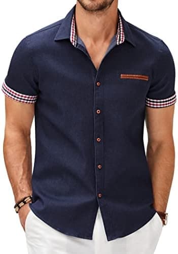 COOFANDY Men's Cotton Casual Short Sleeve Button Down Shirt Plaid Collar Denim Work Shirts - Image 3