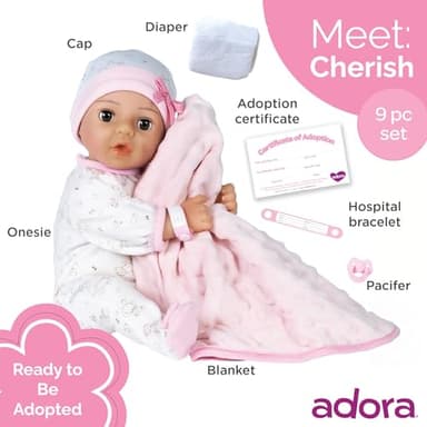 Adora 16 Inch Girl Baby Doll with Accessories Matching 9-Piece Set Including a Pacifier, Hospital, Bracelet, Diaper, and More Gift for Toddlers Ages 3+ Adoption Babies Collection - Cherish - Image 2