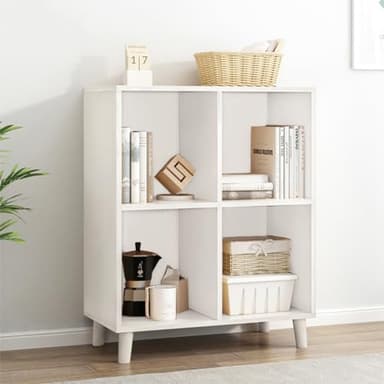 IOTXY Open Cube Low Bookcase - 2-Tier Freestanding Storage Display Cabinet Organizer with Legs for Home Office, 4-Cubes Open Shelf Short Bookshelf, White - Image 1