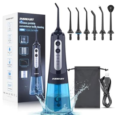 Cordless Water Dental Flosser Teeth Cleaner, INSMART Professional 300ML Tank DIY Mode USB Rechargeable Dental Oral Irrigator for Home and Travel, IPX7 Waterproof 4 Modes Irrigate for Oral Care Blue - Image 1