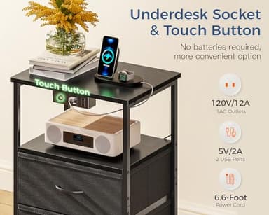 Casaottima Night Stand Set 2, Bedside Tables with Charging Station, LED Nightstand with Fabric Drawers, End Table with Open Shelf, Nightstand for Bedroom, Black - Image 5