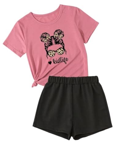 Axumity Kid Toddler Girl Clothes Figure Graphic Print Tee Top + Solid Colour Girls Summer Outfits Set(7-8T) - Image 1