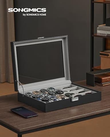 SONGMICS 16-Slot Watch Box, Lockable Storage Case With Glass Lid, Gift Idea, Ink Black Synthetic Leather, Dove Gray Lining UJWB112G01 - Image 2