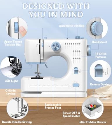 SEDNEE Sewing Machine for Beginners with 16 Built-in Stitches, Small Sewing Machine with Accessory Kit, 2-Speed, Foot Pedal & Storage Drawer, Portable Full-Feature Design for Home DIY (Blue) - Image 4