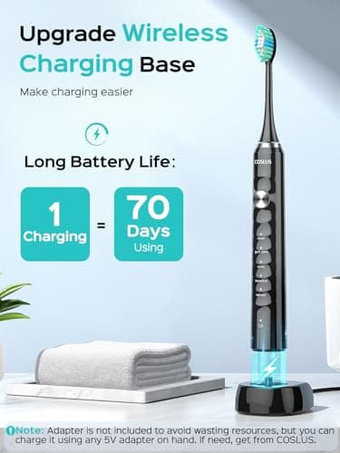 COSLUS Sonic Electric Toothbrush for Adults: 47000 VPM for Deep Cleaning & Whitening with Travel Case - 5 Modes for Sensitive Teeth & Braces, Wireless Charging, 6 Brush Heads for Home Family, Black - Image 4