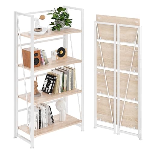 BHG Vintage Multifunctional Bookcase Folding Bookshelf, No-Assembly Plant Stand Storage Rack Shelves for Home Office (White, 4-Tier) - Image 1