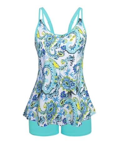 Plus Size Swimsuit for Women Two Piece Bathing Suits for Summer Beach Side Classic Lake Blue Paisley Printed 20W - Image 1