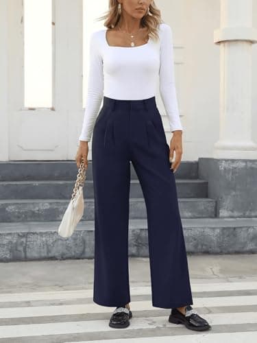 NIMIN High Waisted Work Pants for Women Office Business Casual Pants Dressy Wide Leg Trousers with Pockets 2025 Summer Fashion Navy Blue Medium - Image 5