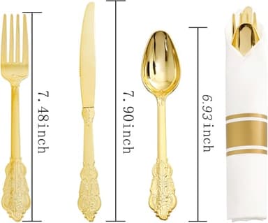 Liacere 400PCS Gold Plastic Silverware - Pre Rolled Napkins Disposable Gold Plastic Cutlery-Premium Quality Utensils-Includes 100Forks,100Knives,100Spoons,100Napkins&Wedding&Thanksgiving - Image 2