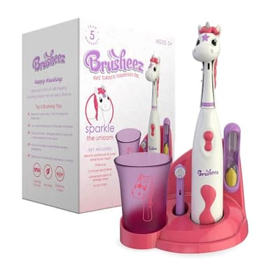 Brusheez Kids’ Electric Toothbrush Set - Safe & Effective for Ages 3+ - Parent Tested & Approved with Gentle Bristles, 2 Brush Heads, Rinse Cup, 2-Minute Timer, & Storage Base (Sparkle The Unicorn) - Image 1